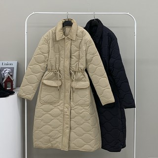 행복여 비브 허리 스트링 포켓 카라 롱 퀼팅 패딩