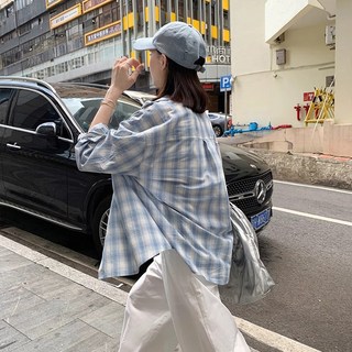 ANYOU 여성 나른한 칼라 체크 셔츠 자외선 차단 셔츠