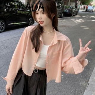 AOKADA 여성 폴로 셔츠 긴팔 베이직 크롭 셔츠