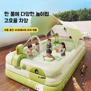 Mochae 수영장 대형 물놀이 에어풀장 캐노피 가정용 수영장그늘막 실외 원터치 간이수영장 사각 물놀이풀장 베란다 야외 수영장, 풀장+캐노피+로드+무선펌프, 녹색, 1개