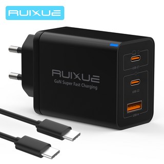 RUIXUE 65W 3포트 GaN C 타입 고속 충전기 호환 애플 아이폰 16 15 삼성 S24 S23 A15 맥북 노트북 아이패드 프로 에어 미니 +1m C to C 게이블, 1개, 65W,블랙