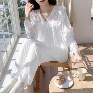 야오야오 여성용 쉬폰 레이스 긴팔 잠옷 세트