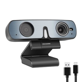 ROCWARE RC08 2K 웹캠(스피커 포함) PC용 웹캠 소음 감소 마이크/하만 스피커 포함 HD 웹캠/4X Eptz/프라이버시 커버/0.2S 자동 초점/저조도 줌/팀/회, Webcam Good Mic No Speaker