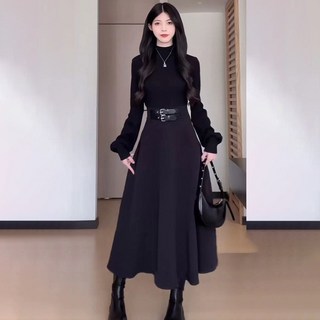 ROYALBELLE 여성 반폴라 긴팔 원피스 플리츠 A라인 세련된 캐주얼 롱 원피스 Y0112220