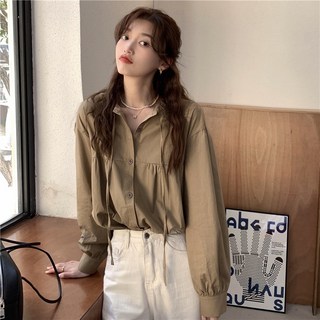 LCY 진짜 진짜 가격 프랑스 스타일 복고풍 단색 모든 일치 부드러운 나무 귀 칼라 레이스 업 틈새 디자인 셔츠