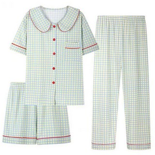 쉬블림로브 3피스(반팔+반바지+긴바지) 여성 체크 패턴 홈웨어 파자마 잠옷 세트 GWD0216