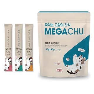 메가츄 짜먹는 츄르 고양이간식 90스틱 대용량, 연어+치킨+참치, 15g, 90개 헤어볼츄르