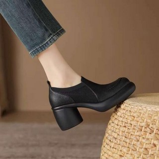 라운드토 블랙가보시힐 가죽 니트 면접 7cm굽 구두 발편한 로퍼 여성 중간굽 펌프스