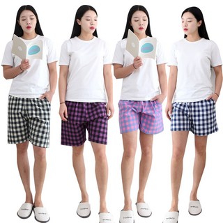슬레진저 여성 큰체크 3부 5부 잠옷 바지 주머니 면 여자 파자마 반바지 홈웨어 하의
