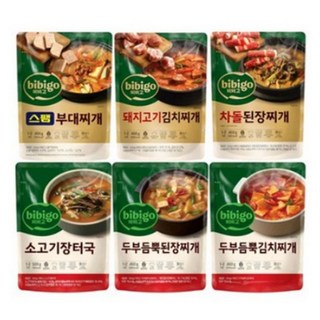 [꾸리미] CJ 비비고 즉석 찌개 6종(스팸부대찌개+차돌된장찌개+돼지고기 김치찌개+두부김치찌개+소고기장터+된장찌개), 1세트, 500g