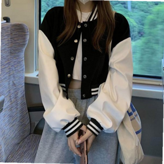 세미 오버핏 바시티 크롭 자켓 편한 코디 캐주얼룩