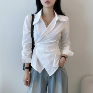 에리르 언밸런스 셔츠 데일리 베이직 랩 버튼 스트라이프 긴팔 블라우스