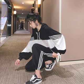Meet 2020 인터넷 연예인 와이드 다리 바지 스포츠 투피스 정장 여성 학생 봄과 가을 캐주얼 여성 느슨한 스웨터 세트 여자 친구