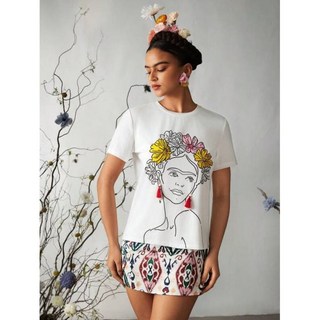 Frida Kahlo 프리다 칼로 공식 굿즈 X 여성용 화이트 티셔츠 반소매 태슬 장식 꽃 및 초상화 프린트 그래픽 여름용 981737