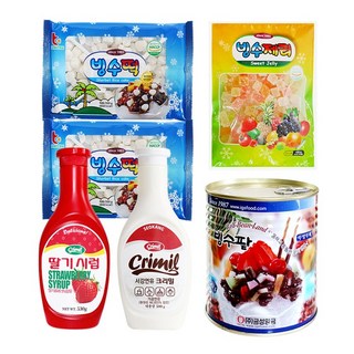 빙수재료 (떡 2개 +제리 1개 +딸기시럽 530g +연유 500g +팥850g), 빙수떡 2개 +빙수제리 1개 +딸기시럽 +연유 +빙수팥