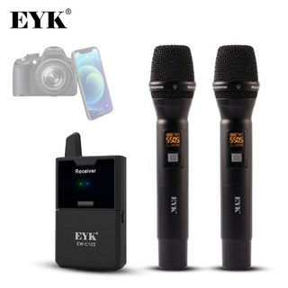 휴대용 마이크 강의용 EYK EW-C102 듀얼 채널 UHF 무선 핸드헬드 마이크 카메라 DSLR 휴대폰 라이브 인터뷰 녹화용 모니터 기능 포함