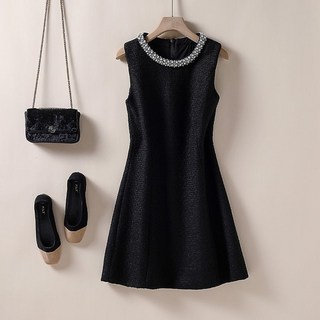 여성 라운드 민소매 트위드 모직 원피스 루즈핏 슬림 A라인 나시 원피스 겨울 원피스 하객룩