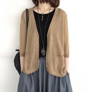 중년 여성 봄 여름 가디건 루즈핏 펀칭 통기성 시원한 카디건 패션 브이넥 칠부 소매 무지 얇은 니트 상의 LJX