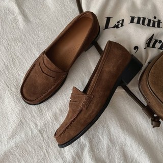 [루벤스] 스웨이드 천연소가죽 쿠션 미들 통굽 구두 페니 로퍼 슈즈 3cm
