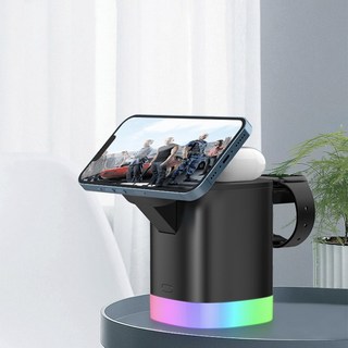 쇼핑의서 큐브 레인보우LED 3in1 맥세이프 무선충전기, 1개, 애플_퍼플