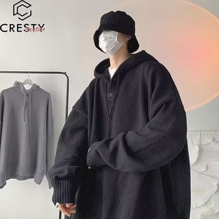 크레스티 남녀공용 루즈핏 소프트 후드 니트티 가을 겨울 캐주얼 니트 후드티