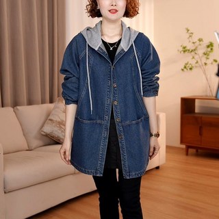 레이어드 후드 데님자켓 봄가을 여성 루즈핏 빅사이즈 트렌디 청자켓 세미 바람막이 점퍼