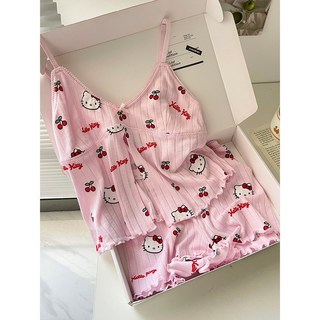 다나에 여성 헬로키티 핑크 체리 나시 반바지 홈웨어 슬립 실내복+지아싱트레이드 머리끈