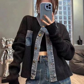 ROYALBELLE 여성 디자인 카라넥 데님 니트 패치 자켓 빈티지 패션 포켓 데일리 가디건 V112325