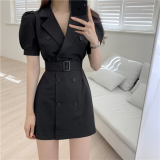 히또리 X4494 클래식 테일러드 카라 코트형 벨트 미니 원피스