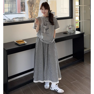 무니유유 여성 시원한 가벼운 체크무늬 주름면 밴딩 포켓 A라인 치마바지