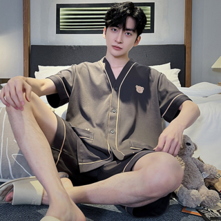 BIKASU 남자 반팔 잠옷 빅사이즈 편안한 파자마 카툰 홈웨어 상하 세트