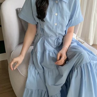 POMTOR 여름 셔츠 칼라 반팔 롱 원피스