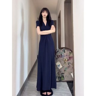 2025여름 신상품 프랑스 스타일 v 넥 뒤틀림 반팔 롱 스커트 호리호리해 날씬해 보이는 원피스녀