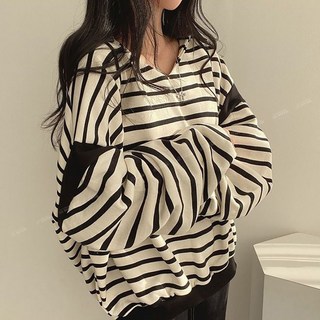 ROYALBELLE 여성 류즈핏 스트라이프 후드 기모 도톰 브이넥 풀오버 캐주얼 티셔츠 V1031212 GJ