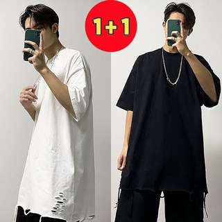 AOKADA 1+1 남성 반팔 티셔츠 찢어진 면티 오버핏 드롭핏 라운넥 구멍난 솔리드 베이직 반팔티 남자 흰티 롱티