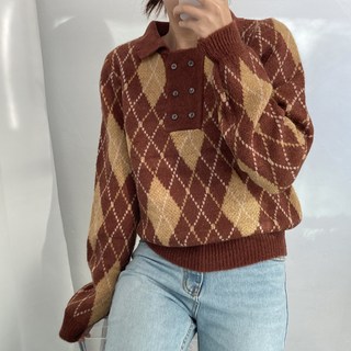 뜨개진 여성용 울 알파카 체크 버튼 니트 그라터 카라넥