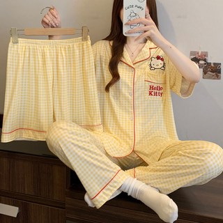 LOVEND 여성 헬로키티 캐릭터 체크 홈웨어 쓰리피스 잠옷