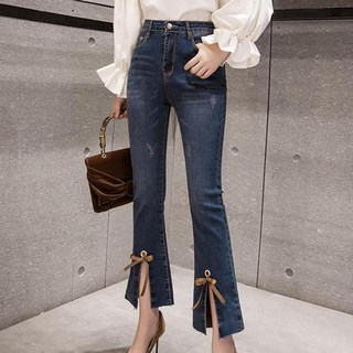 ORZQU 여성 빅사이즈 부츠컷 봄여름 리본 앞트임 스판 하이웨스트 슬림핏 9부 청바지 (S~3XL)
