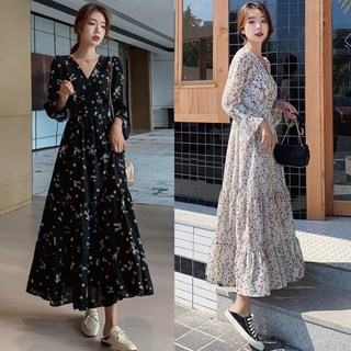 [엔터]화사한 플라워 패턴 디자인 원피스 여리여리 브이넥 하늘하늘 여성스러운 롤 원피스