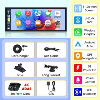 Develuck 4K Dash Cam CarPlay 안드로이드 자동 화면 ADAS 비디오 녹화 자동차 지능형 시스템 후면보기 카메라 모니터, 4K ADAS GPS