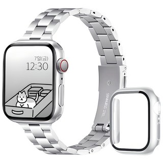 아이비온 애플워치 슬림 메탈 스트랩 40 44 + 풀커버 케이스 세트, 퓨어실버