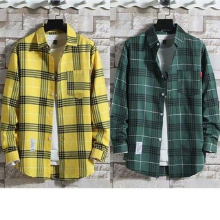 1+1 남성용 긴팔 셔츠 빅사이즈 루즈핏 남자 체크 셔츠 봄 여름 캐주얼 남자 얇은 남방 2매입 CJJ