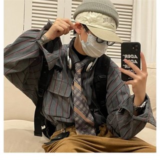 봄 가을 남자 긴팔 셔츠 캐주얼 얇은 아우터 루즈핏 터틀넥 상의 기질 빈티지 스트라이프 남방 셔츠 SYM