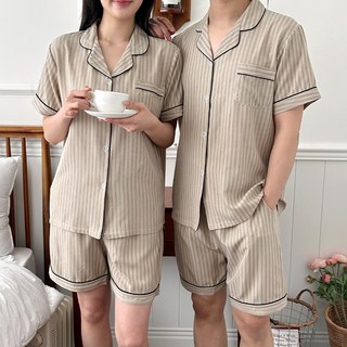 하누리 남녀공용 해피로 커플 스트라이프 홈웨어 반팔 반바지 파자마 잠옷