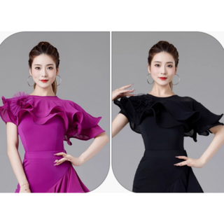 러플 프릴 디자인 우아한 퍼포먼스 라틴 모던 스포츠 댄스복 상의