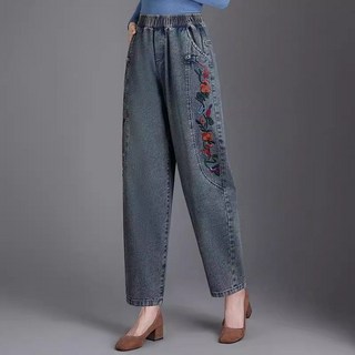 AOKADA 중년 여성 데님 팬츠 밴딩 하이웨스트 자수 배기 청바지