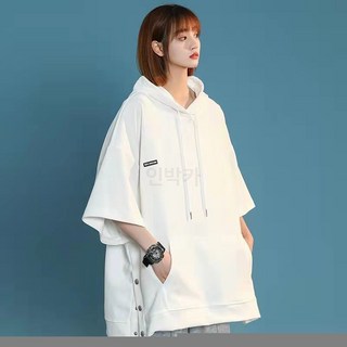 복고풍 후드 반팔 티셔츠 남녀공용 루즈핏 옆트임 단색 캐주얼 빅사이즈 여름 오버핏 L-4XL 인박카30317