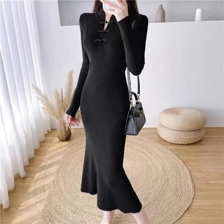 이너 꽈배기 터틀넥 데일리 레이어드 긴팔 트임 코튼 슬림핏 니트원피스 여성 블랙
