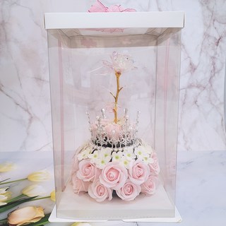 연핑크 비누꽃 케이크 LED 티아라 2단, 기념일 프로포즈 및 생일 선물용 꽃케잌