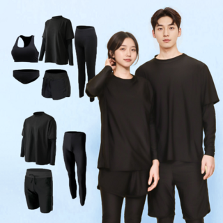 오로라선데이 올블랙 래쉬가드 남녀 루즈핏 빅사이즈 무지 체형커버 비치웨어 남성 3종 여성 5종 세트, 여성(2XL)